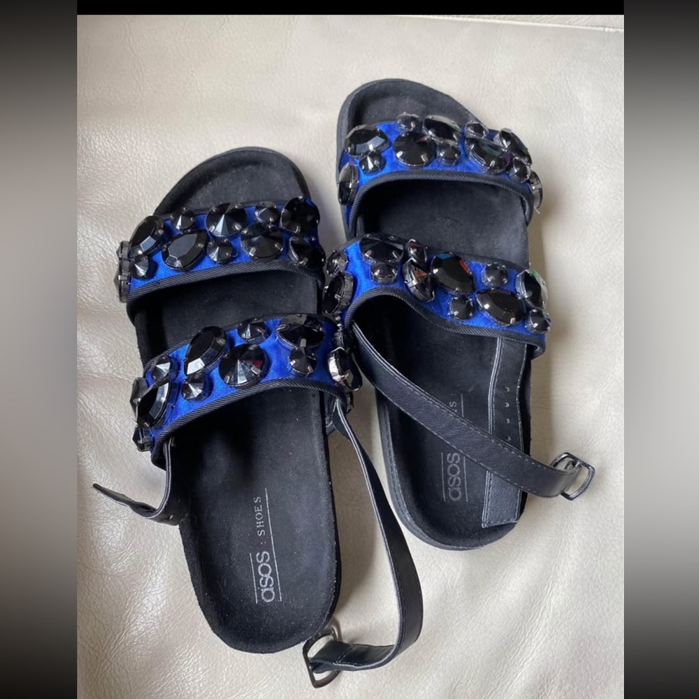 ASOS BeJeweled Blue Strap Slide Sandals in black size 5 fits US 6.5